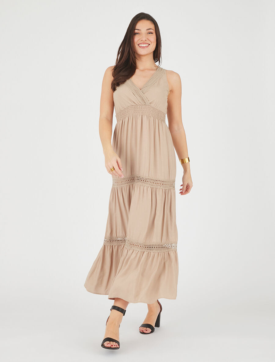 Robe longue unie ajourée - Beige - 4