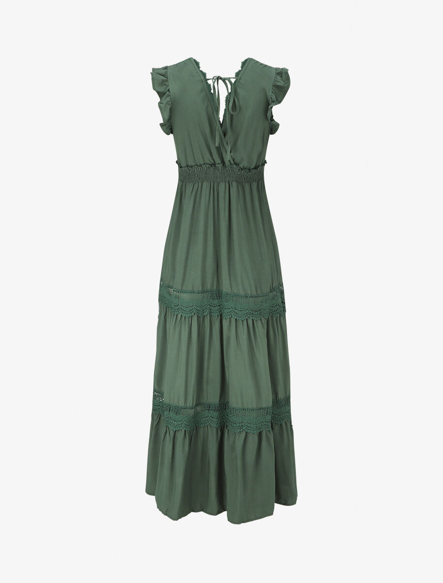 Robe longue unie ajourée - Vert sapin - 2