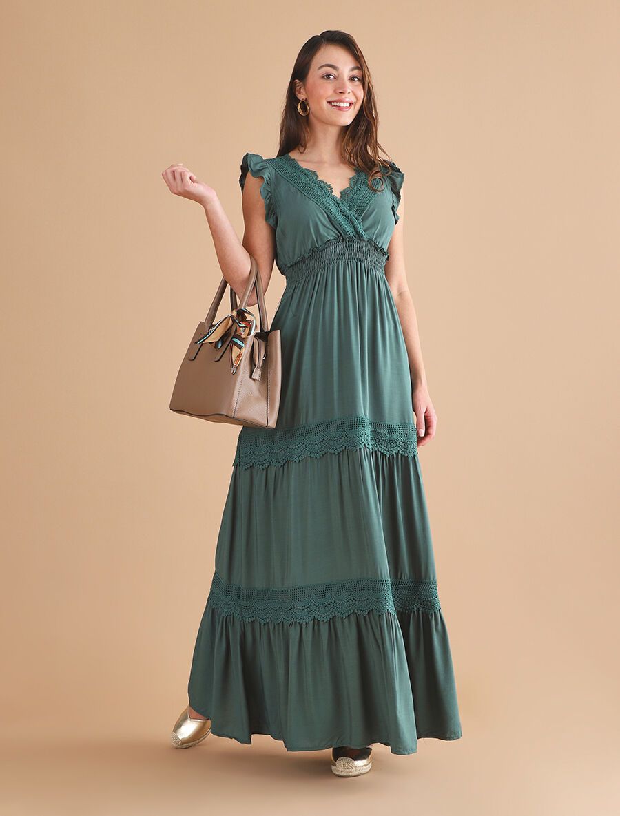 Robe longue unie ajourée - Vert sapin - 4