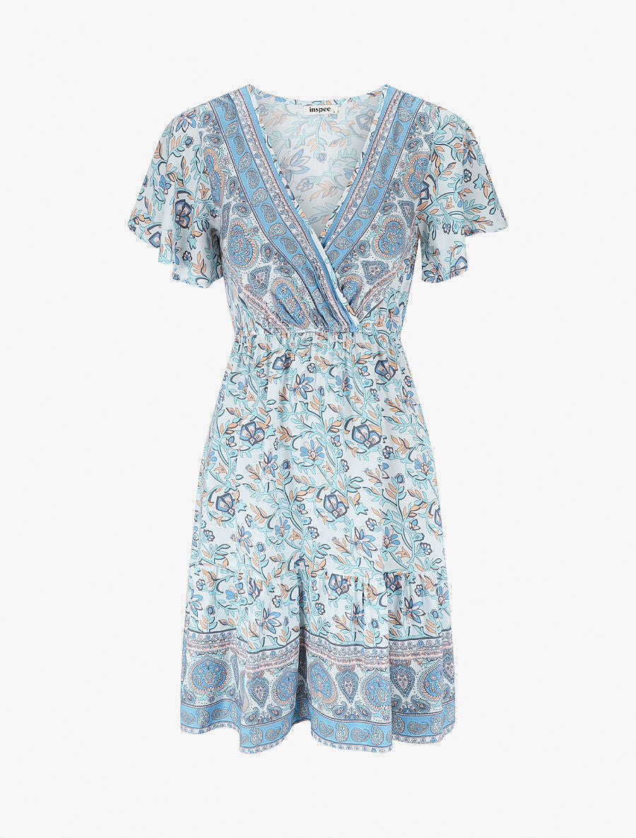 Robe imprimé foulard à manches volantées - Bleu ciel - 2