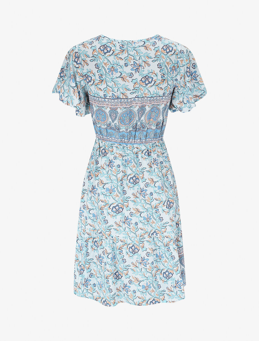 Robe imprimé foulard à manches volantées - Bleu ciel - 3