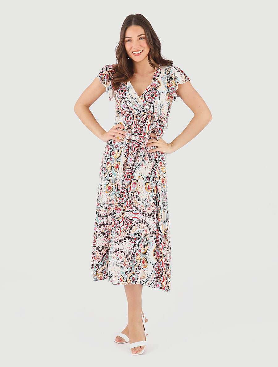Robe longues motif floral à mancherons - Noir/blanc - 4