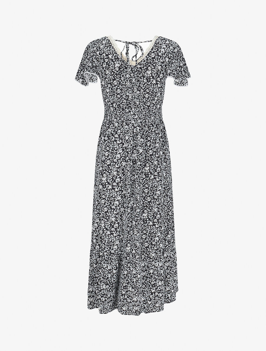 Robe longue manches courtes à petites fleurs - Marine - 2