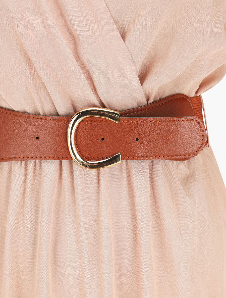 Robe longue unie manches courtes - Beige rosé - 3