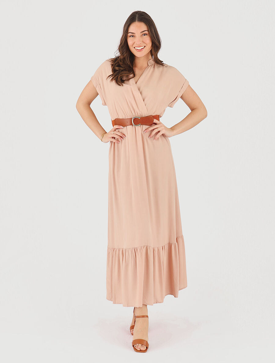 Robe longue unie manches courtes - Beige rosé - 4