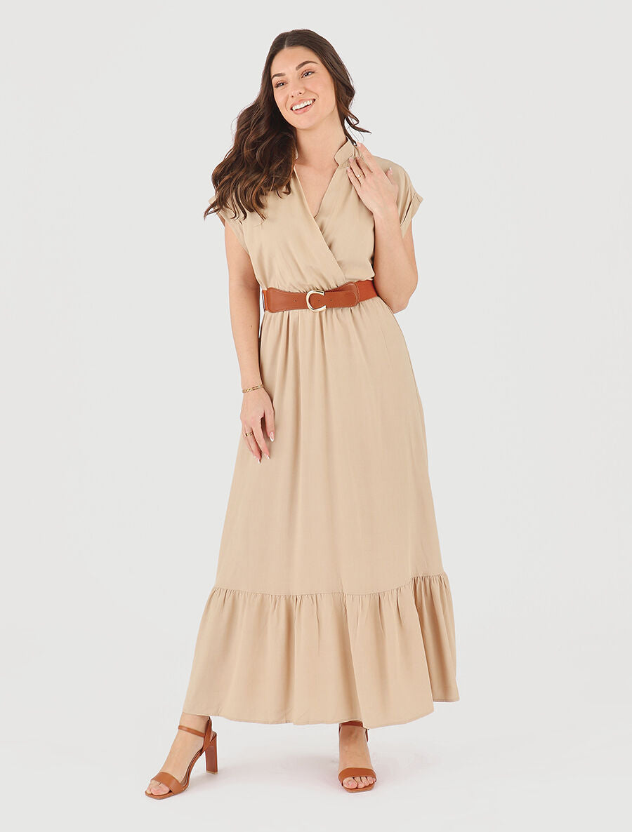 Robe longue unie manches courtes - Beige - 4