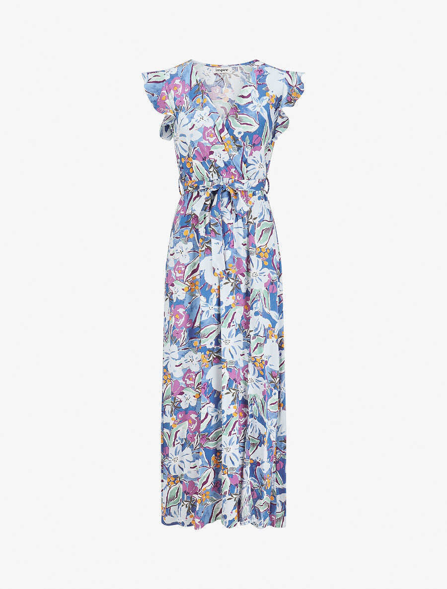 Robe longue à mancherons imprimé fleuri - Bleu - 1