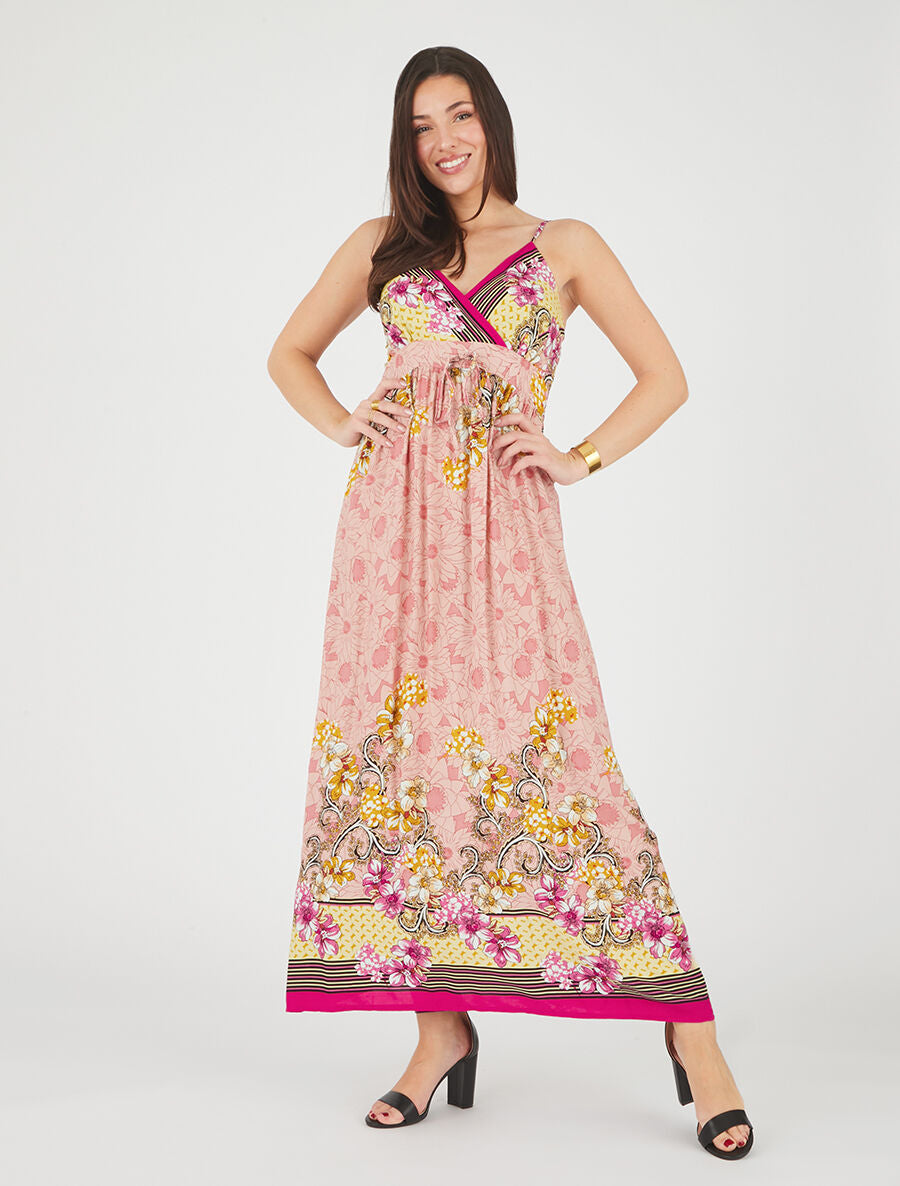 Robe longue empire à bretelles imprimé floral - Rose - 4