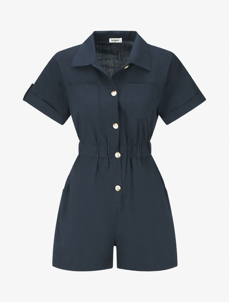 Combishort uni à taille élastiquée - Marine - 1