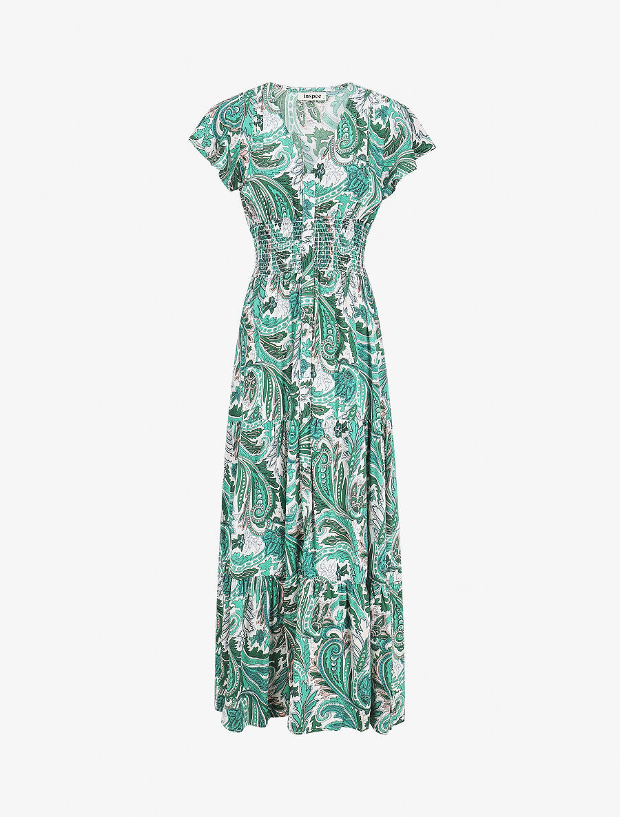 Robe longue à manches courtes imprimé cachemire - Vert - 1