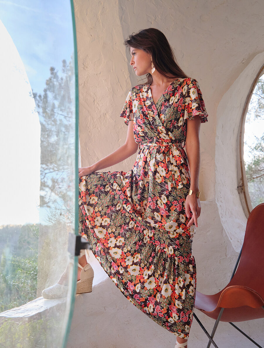 Robe longue fleurie à boutons décoratifs - Noir - 4