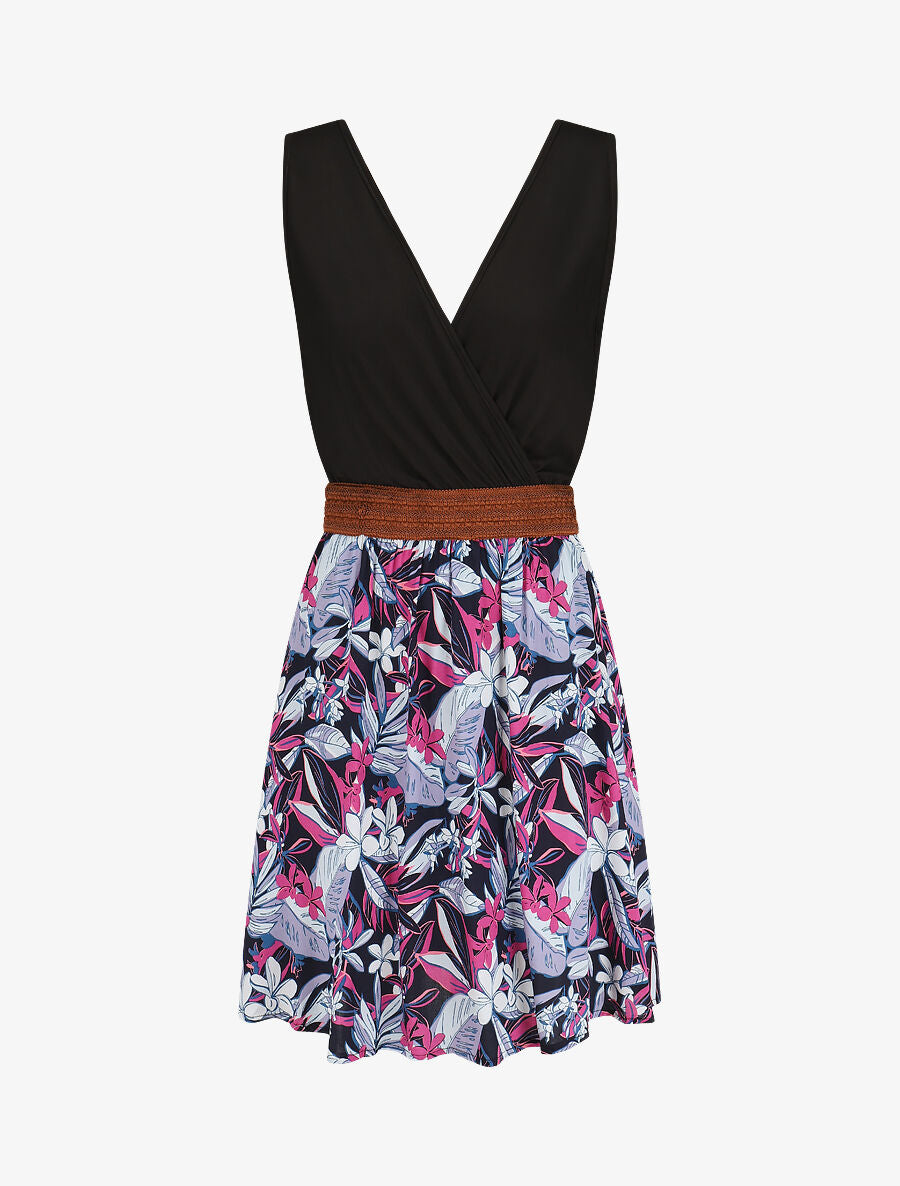 Robe élastiquée à jupe imprimé fleuri - Rose - 1
