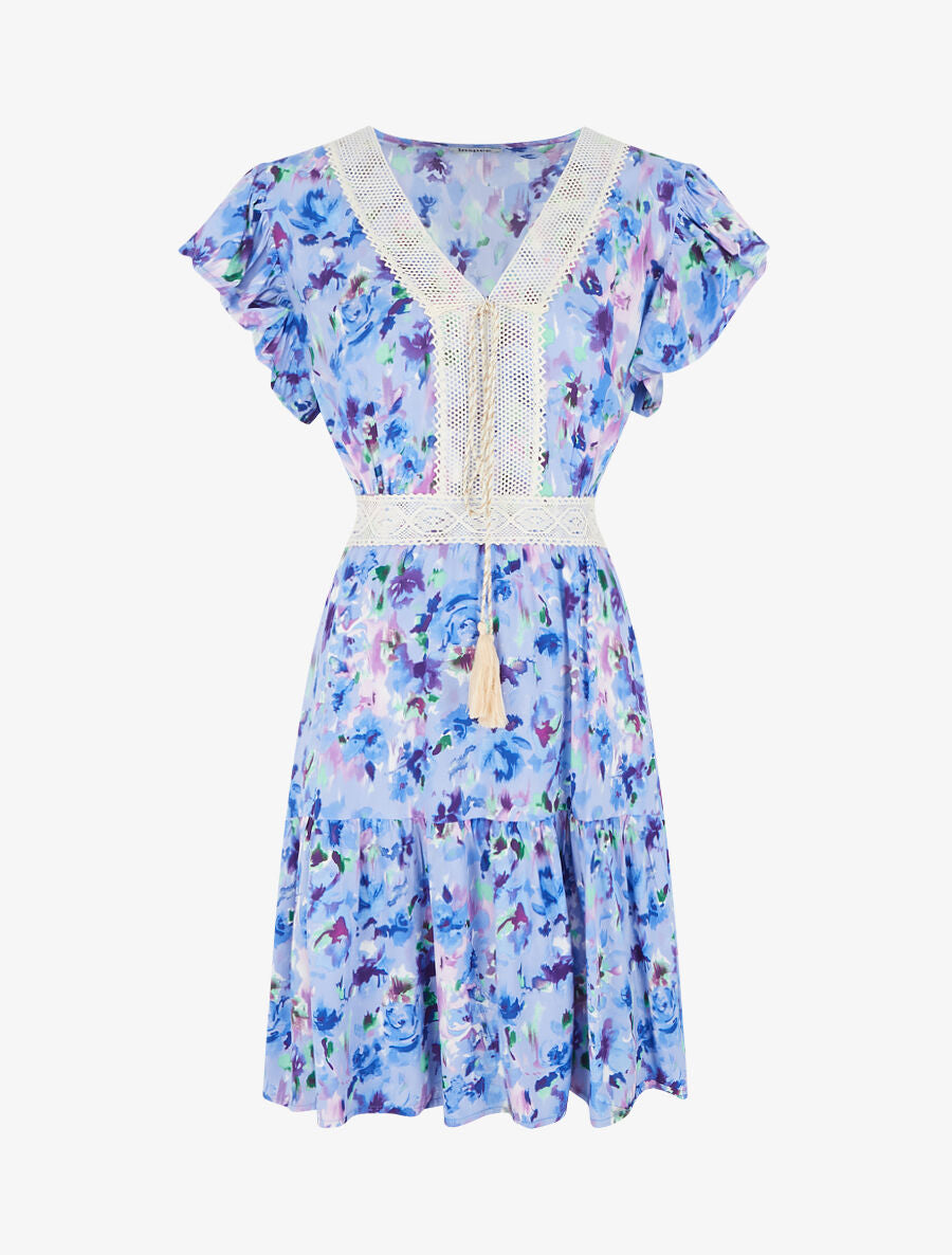 Robe imprimé aquarelle à col V brodé - Lilas - 1