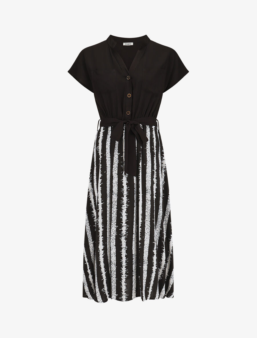 Robe longue élastiquée à jupe imprimé rayures - Noir - 1