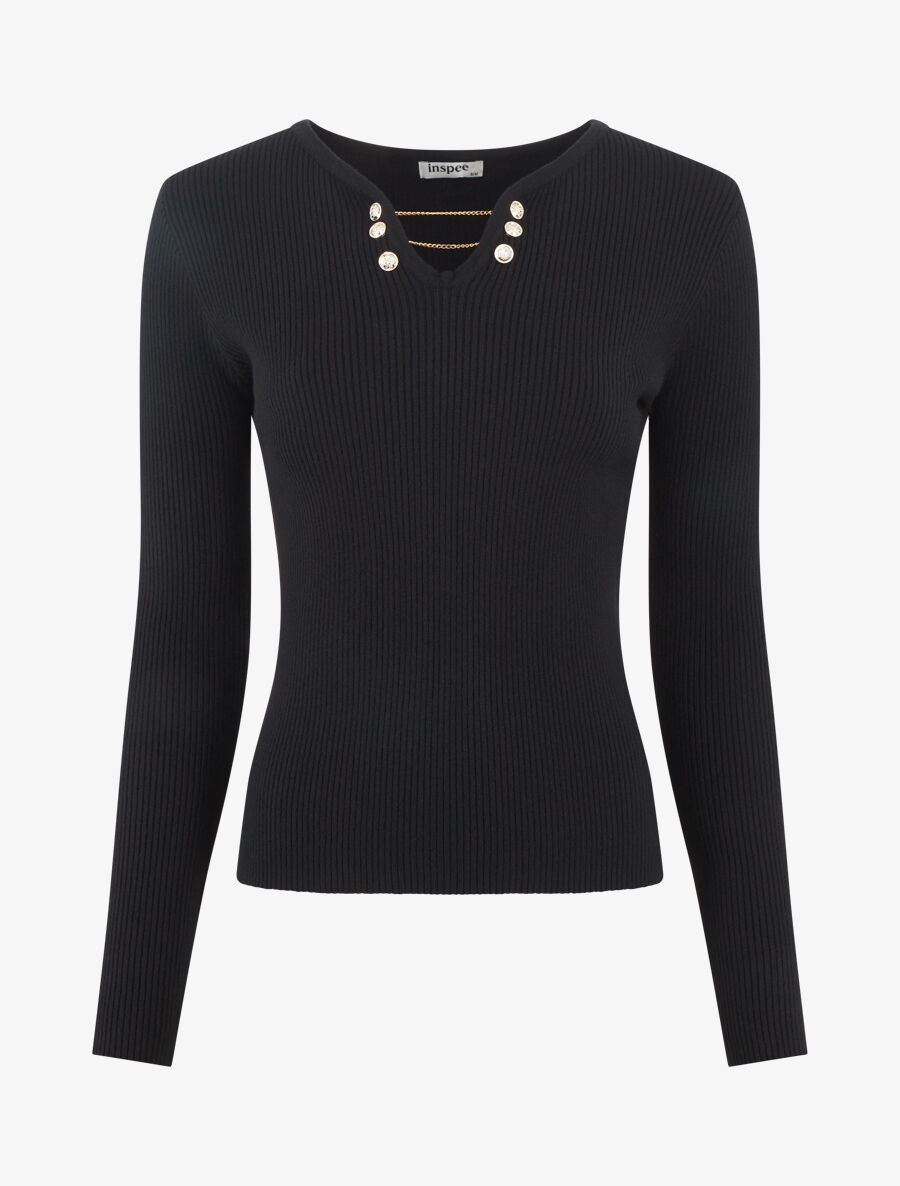 Pull côtelé ajusté à col bijoux - Noir - 5