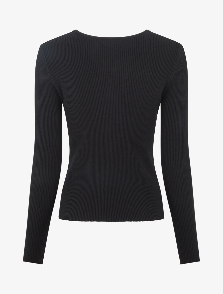 Pull côtelé ajusté à col bijoux - Noir - 2