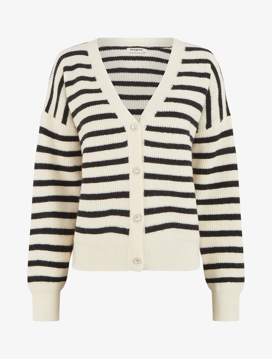Cardigan rayé à boutons strassés - Blanc - 1