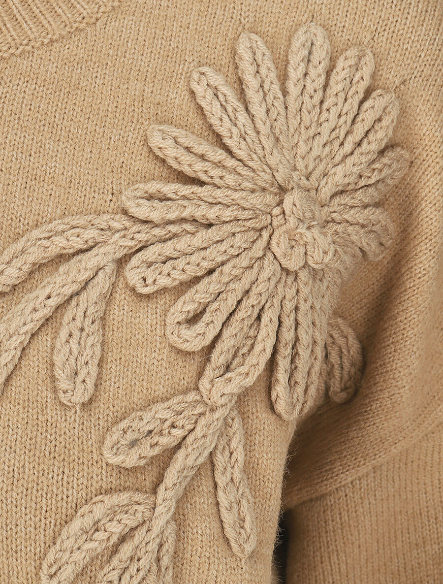 Pull uni avec broderies fleurs - Beige - 3