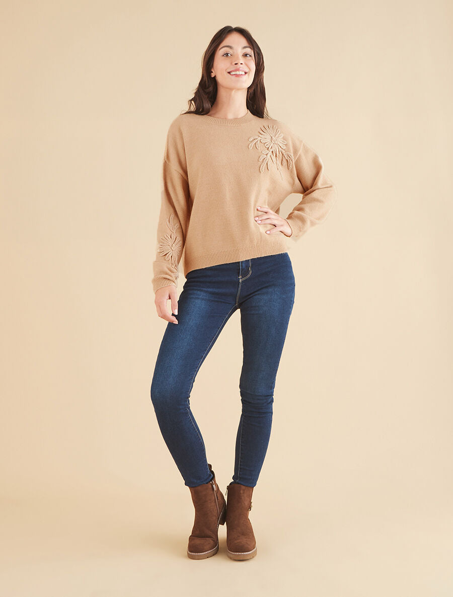 Pull uni avec broderies fleurs - Beige - 4