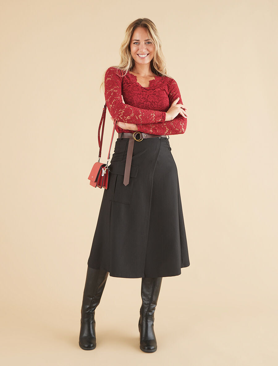 Jupe portefeuille ceinturée - Noir - 4