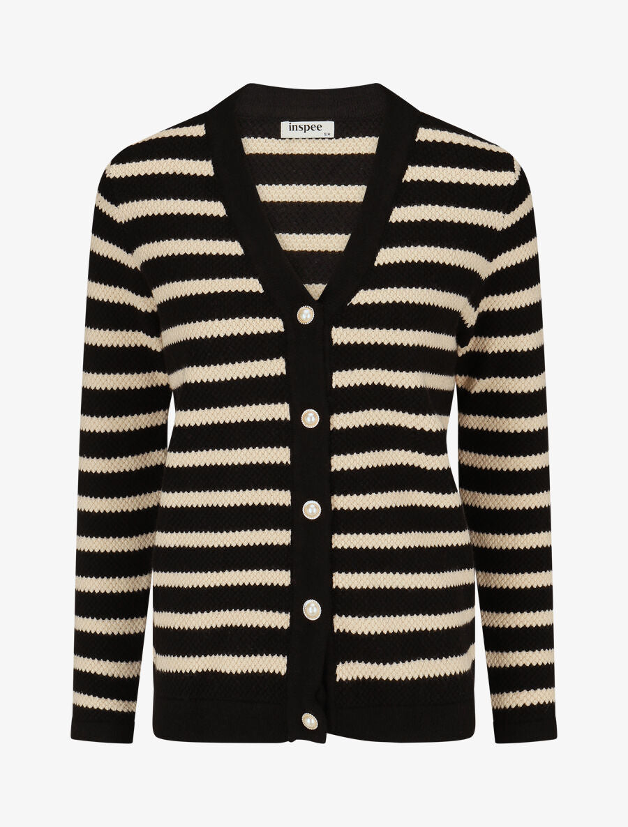 Cardigan boutonné à rayures - Noir - 1