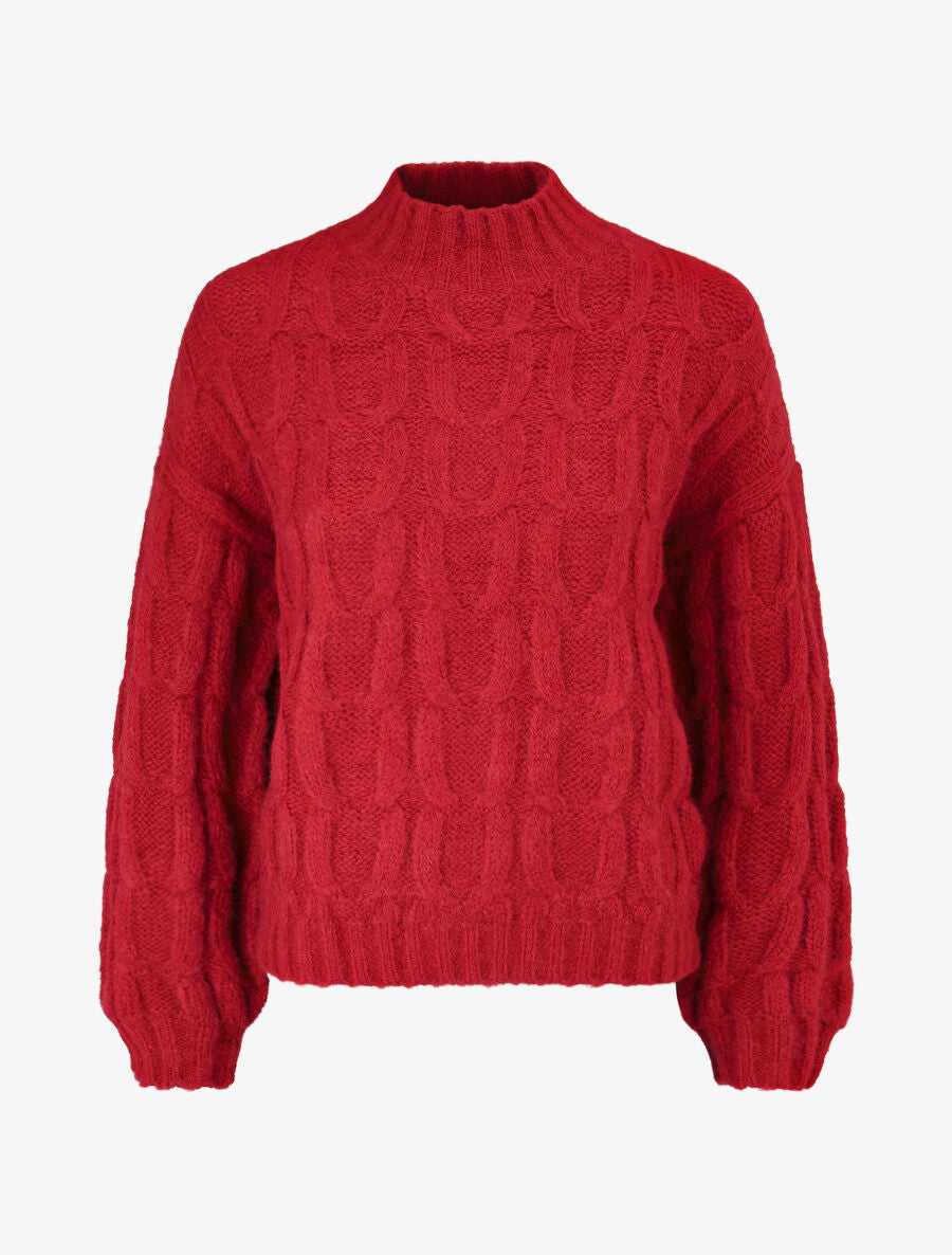 Pull uni en maille à col montant - Rouge - 1