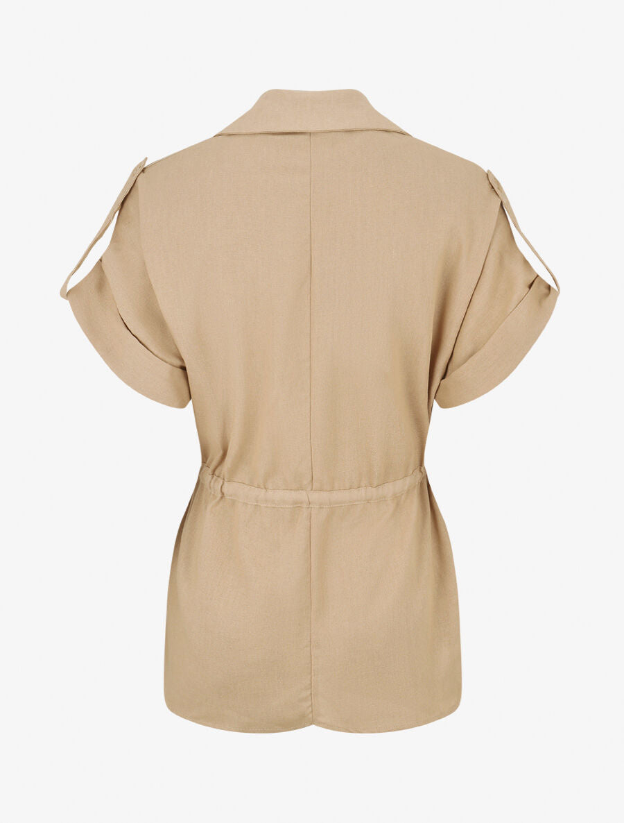Ensemble chemise et pantalon uni effet lin - Beige - 4