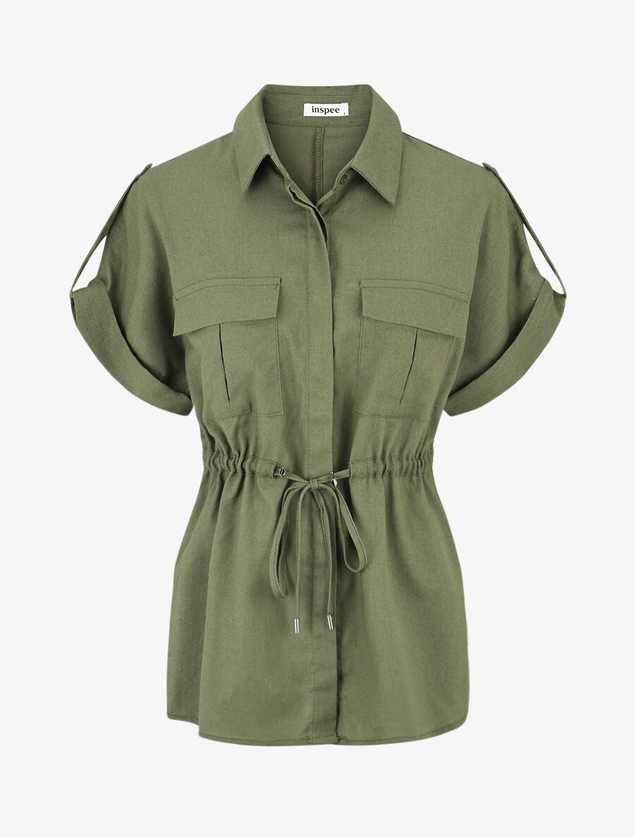 Ensemble chemise et pantalon uni effet lin - Kaki - 3