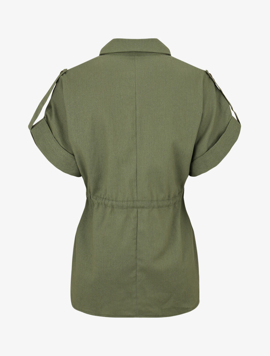Ensemble chemise et pantalon uni effet lin - Kaki - 4