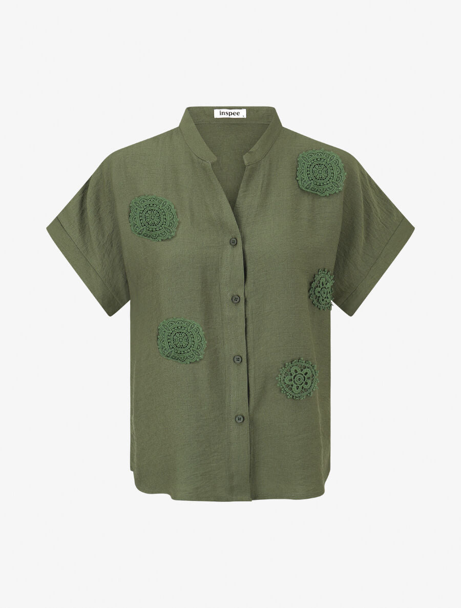 Chemise manches courtes à empiècements en crochet - Kaki - 4