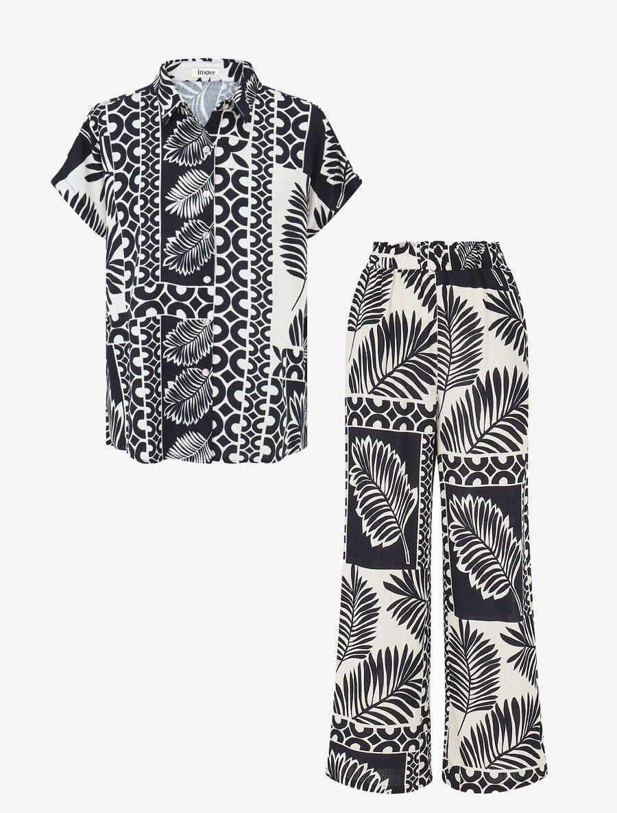 Ensemble chemise et pantalon imprimé tropical - Marine - 2