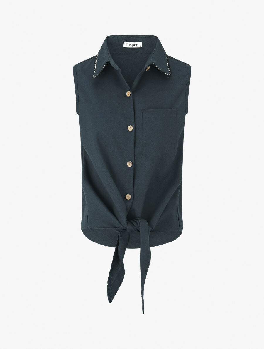 Chemise en lin sans manches à noeud - Bleu pétrole - 1