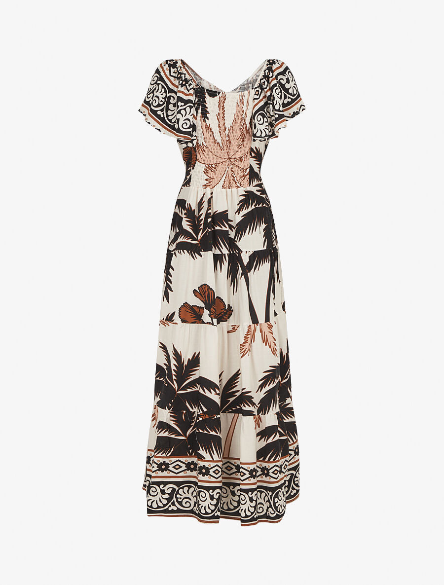Robe longue imprimé palmier à manches courtes - Noir - 2