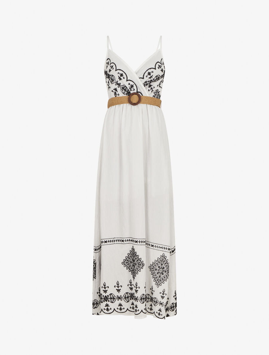Robe longue à fines bretelles et broderies - Blanc - 4
