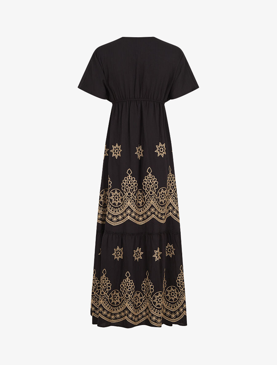 Robe longue empire à manches courtes et broderies - Noir - 2