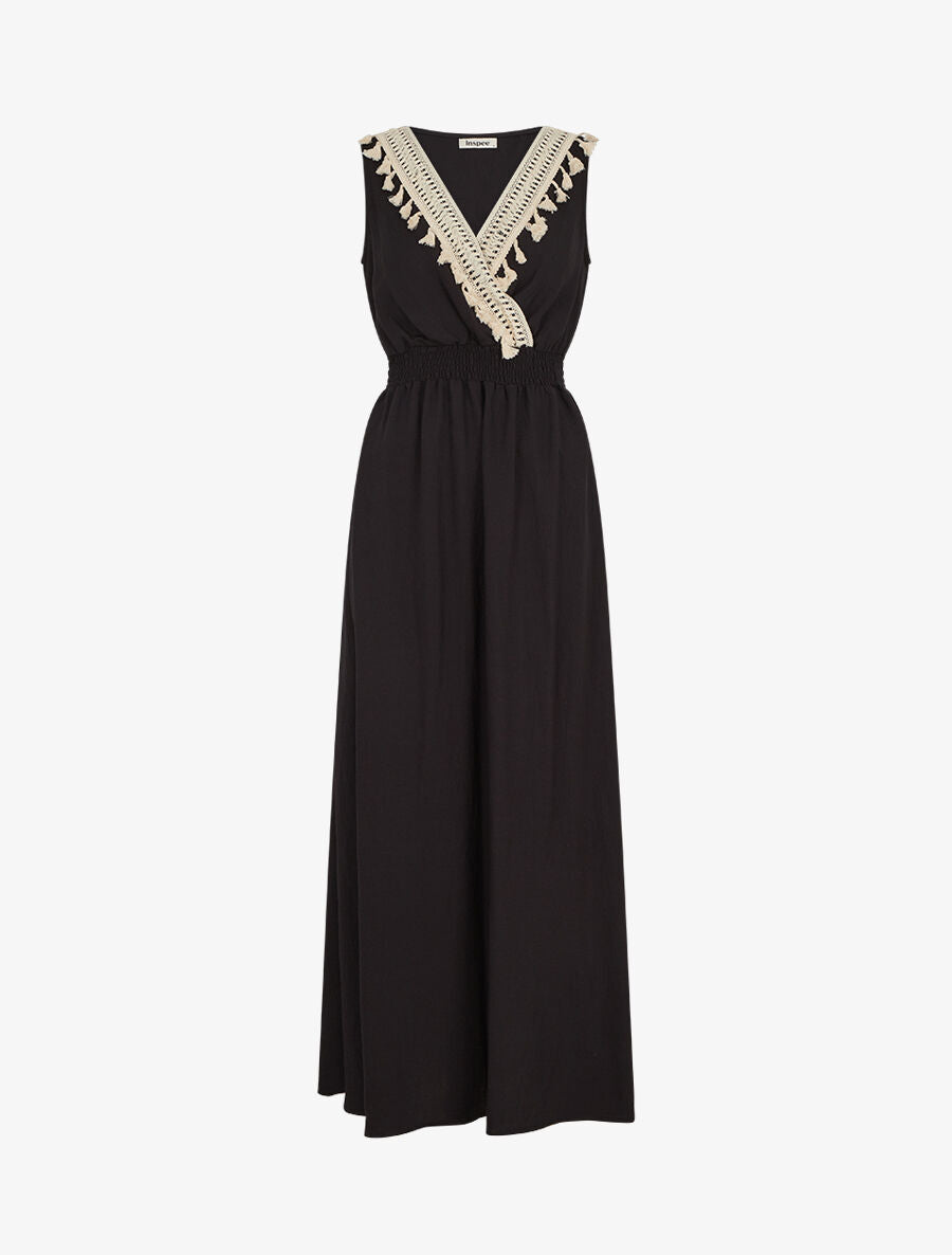 Robe longue sans manches unie col à pompons - Noir - 4