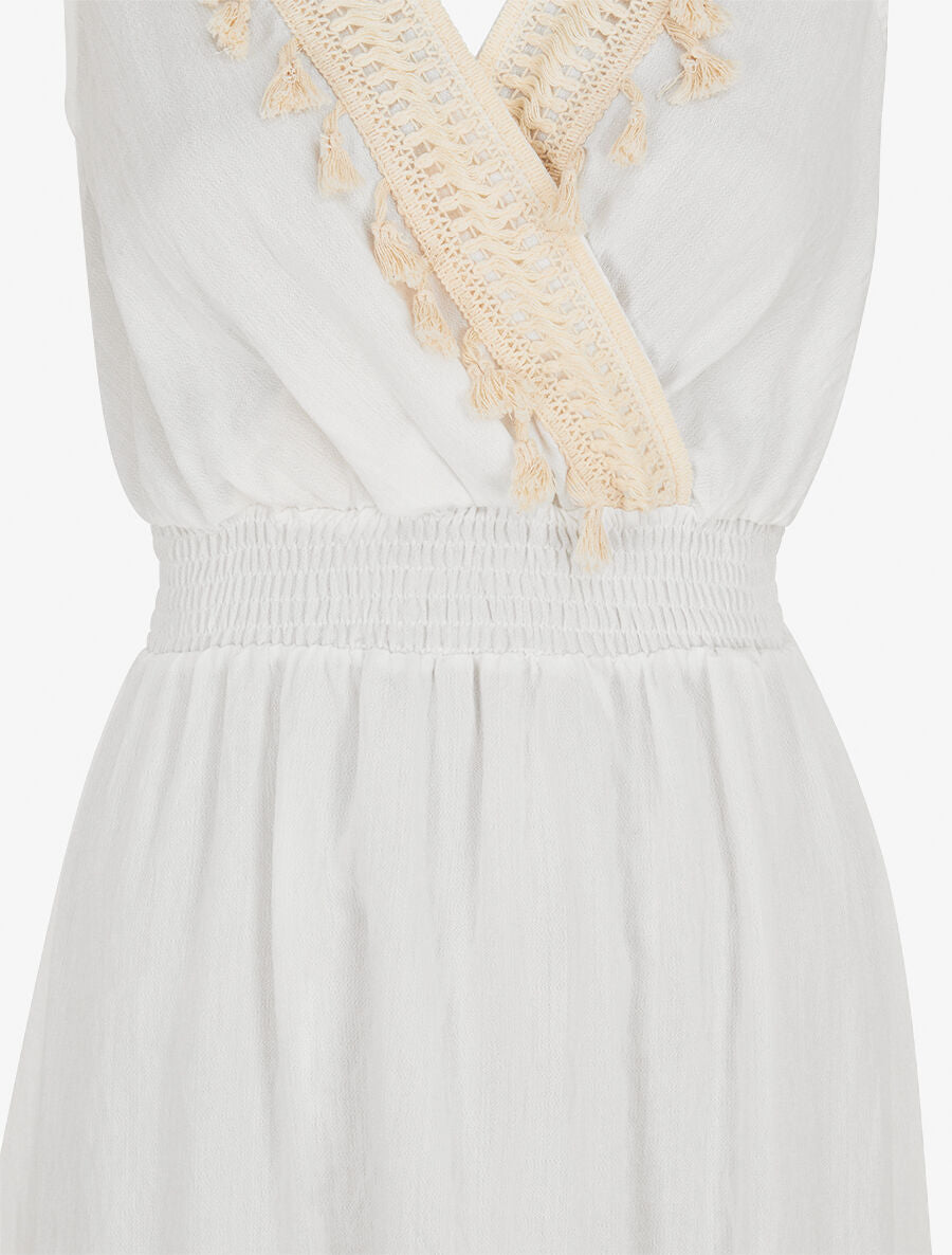 Robe longue sans manches unie col à pompons - Blanc - 3