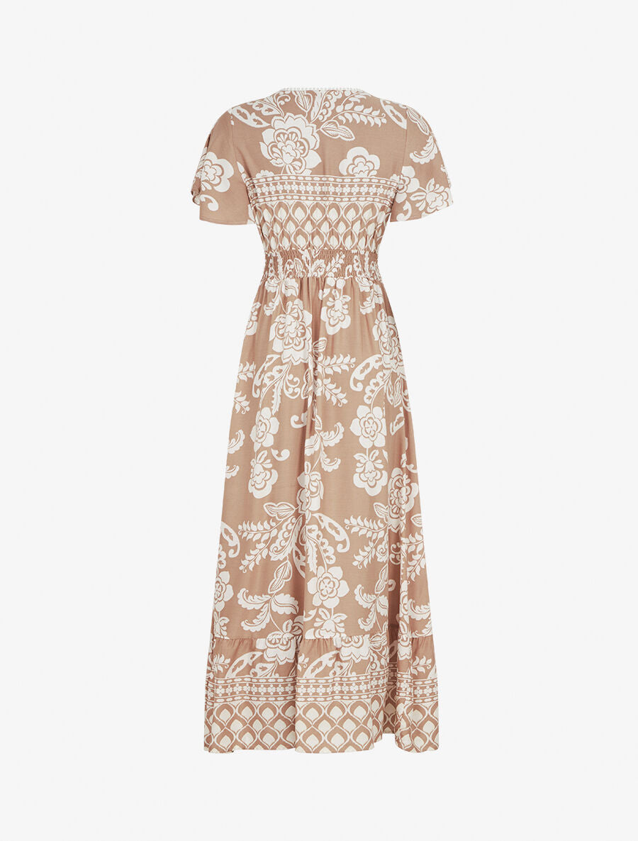 Robe longue fleurie à manches courtes - Beige - 2