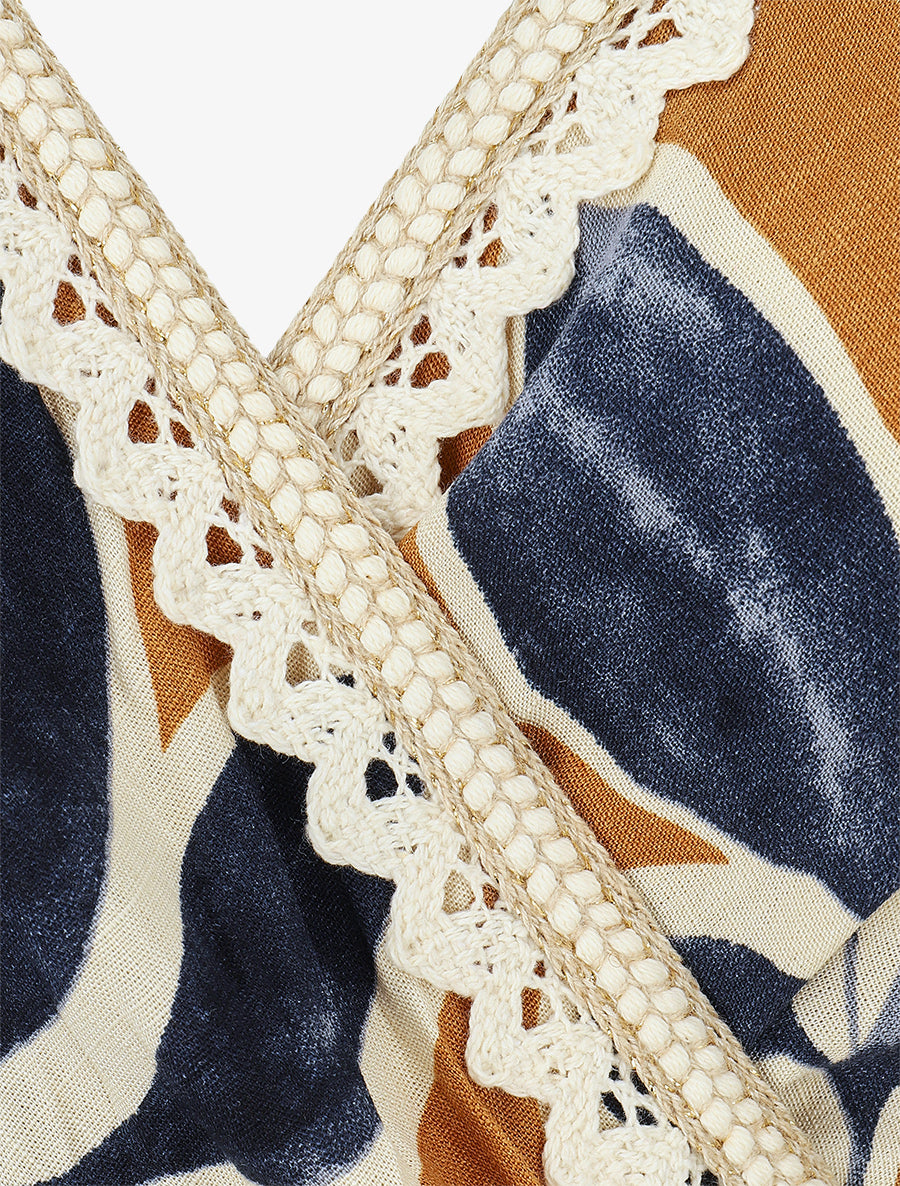 Robe mi-longue à bretelles imprimé feuillages - Marine - 3