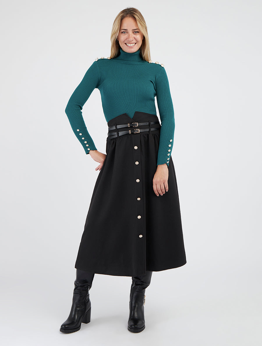 Gerippter Rollkragenpullover mit Knöpfen - Flaschengrün