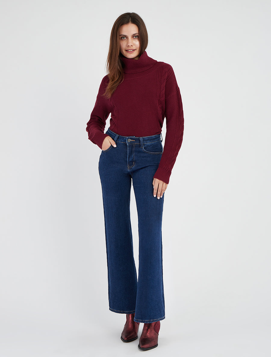 Gerader Rollkragenpullover - Weinrot