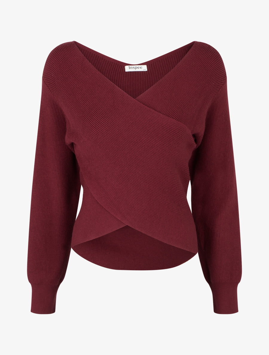 Rippenpullover mit Wickelausschnitt - Bordeaux