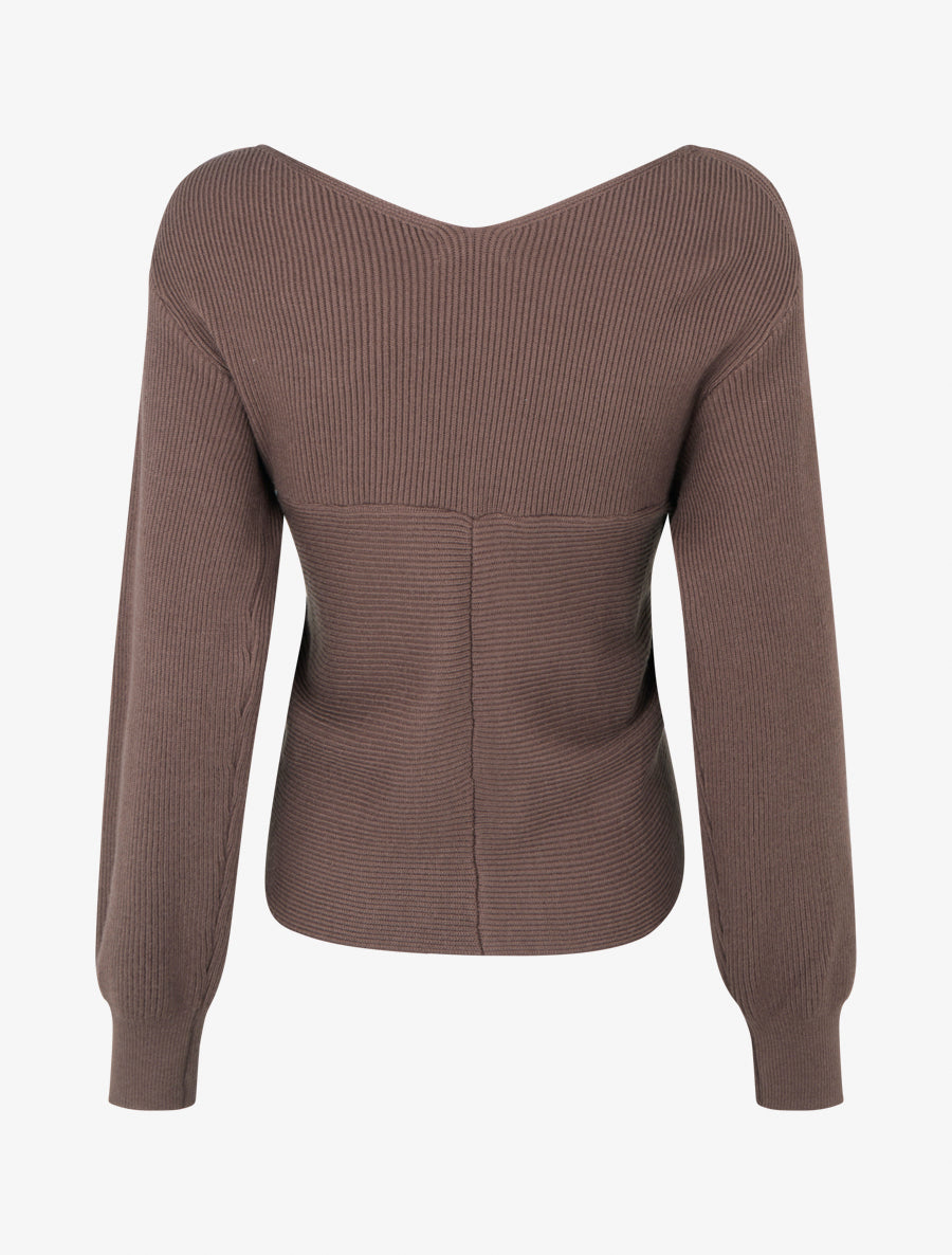Rippenpullover mit Wickelausschnitt - Braun