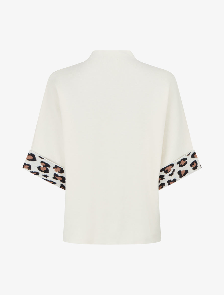 Pull à col montant et détail imprimé léopard - Blanc - 2