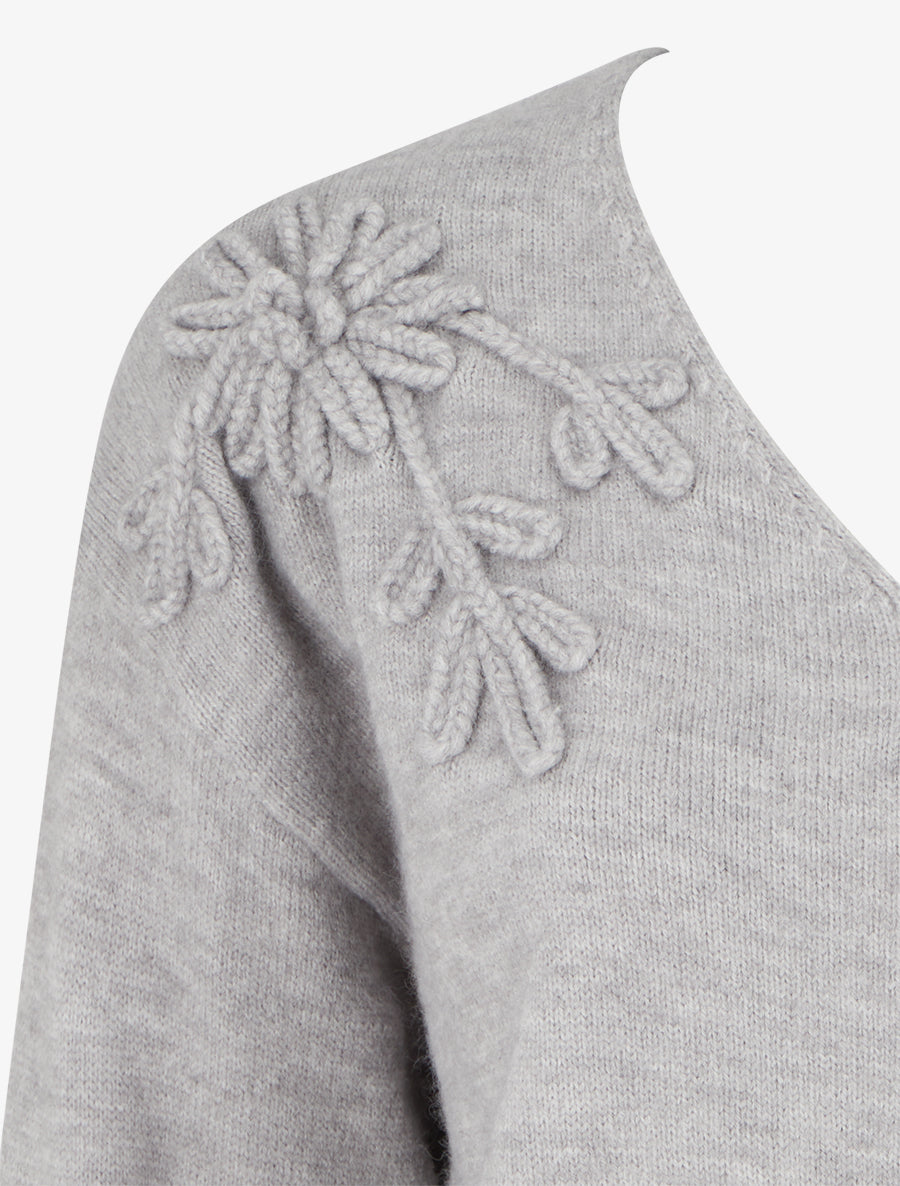 Pull droit à fleurs brodées - Gris clair - 3