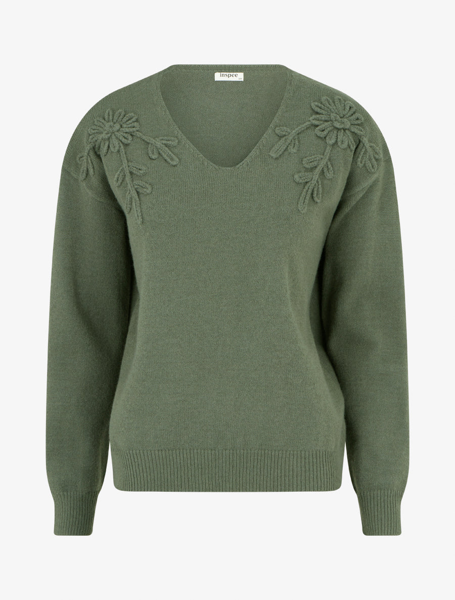 Pull droit à fleurs brodées - Kaki - 1