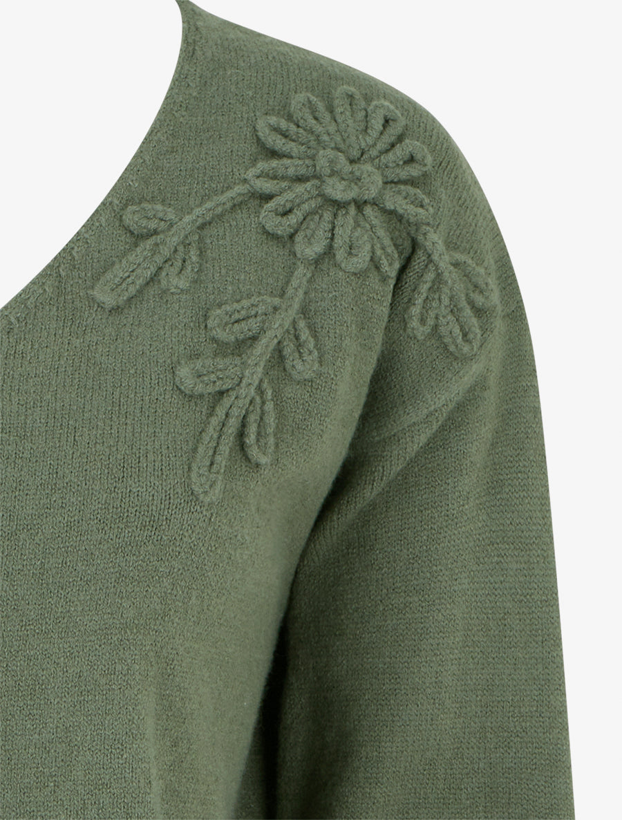 Pull droit à fleurs brodées - Kaki - 3