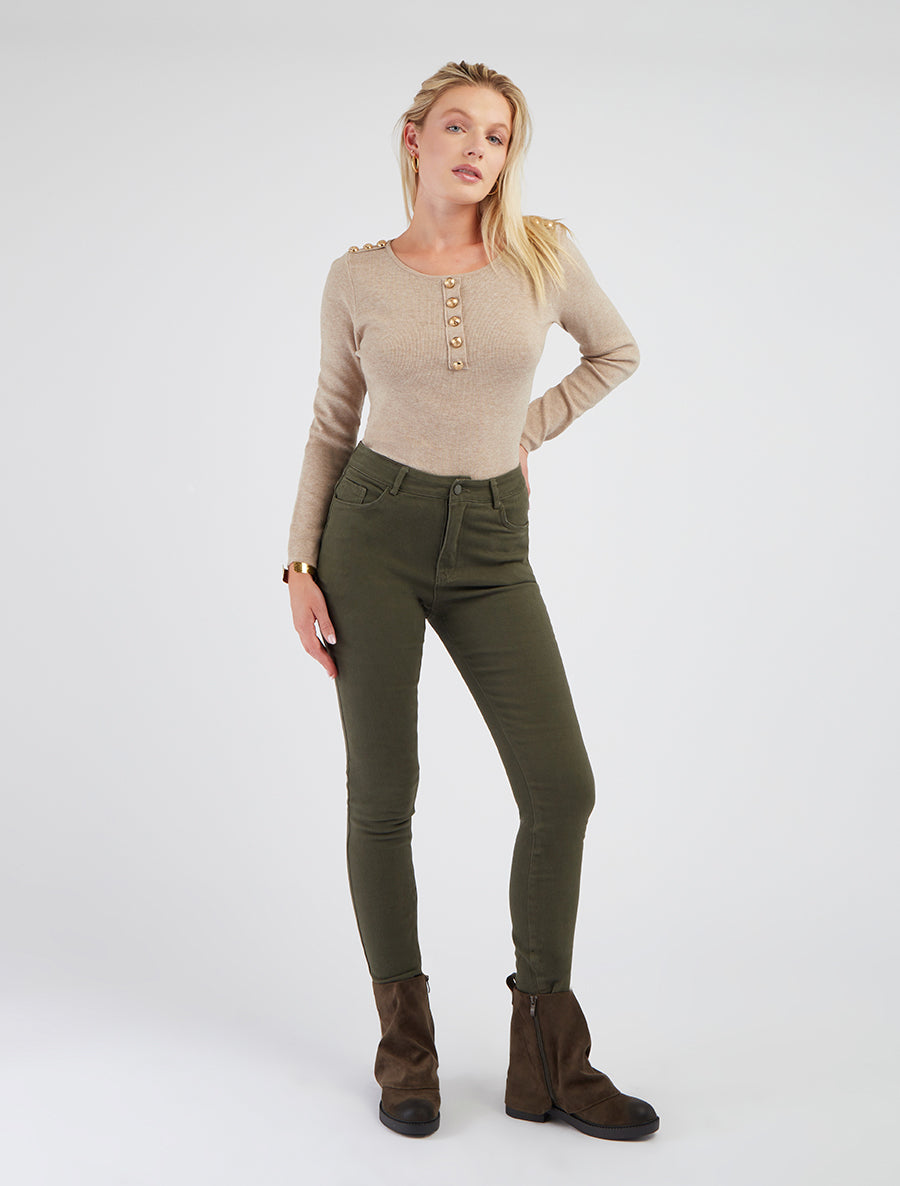 Pull fin à col rond et boutons décoratifs - Taupe - 8