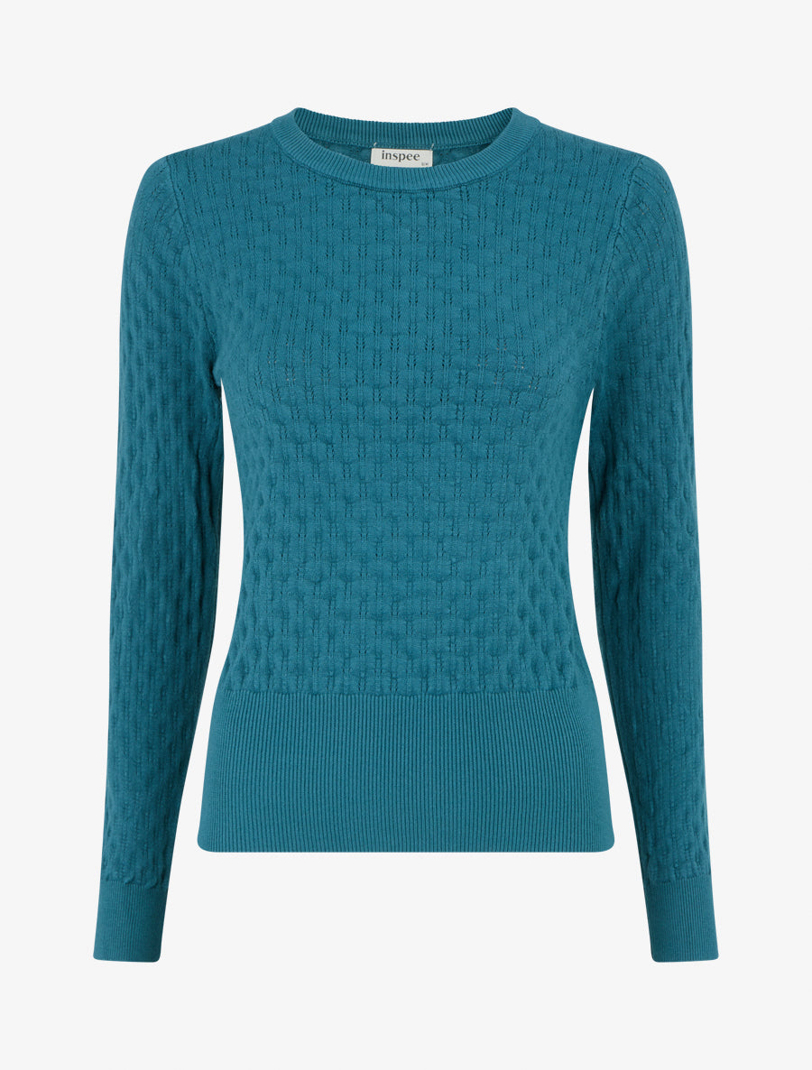 Pull ajusté en maille texturée à col rond - Bleu canard - 1