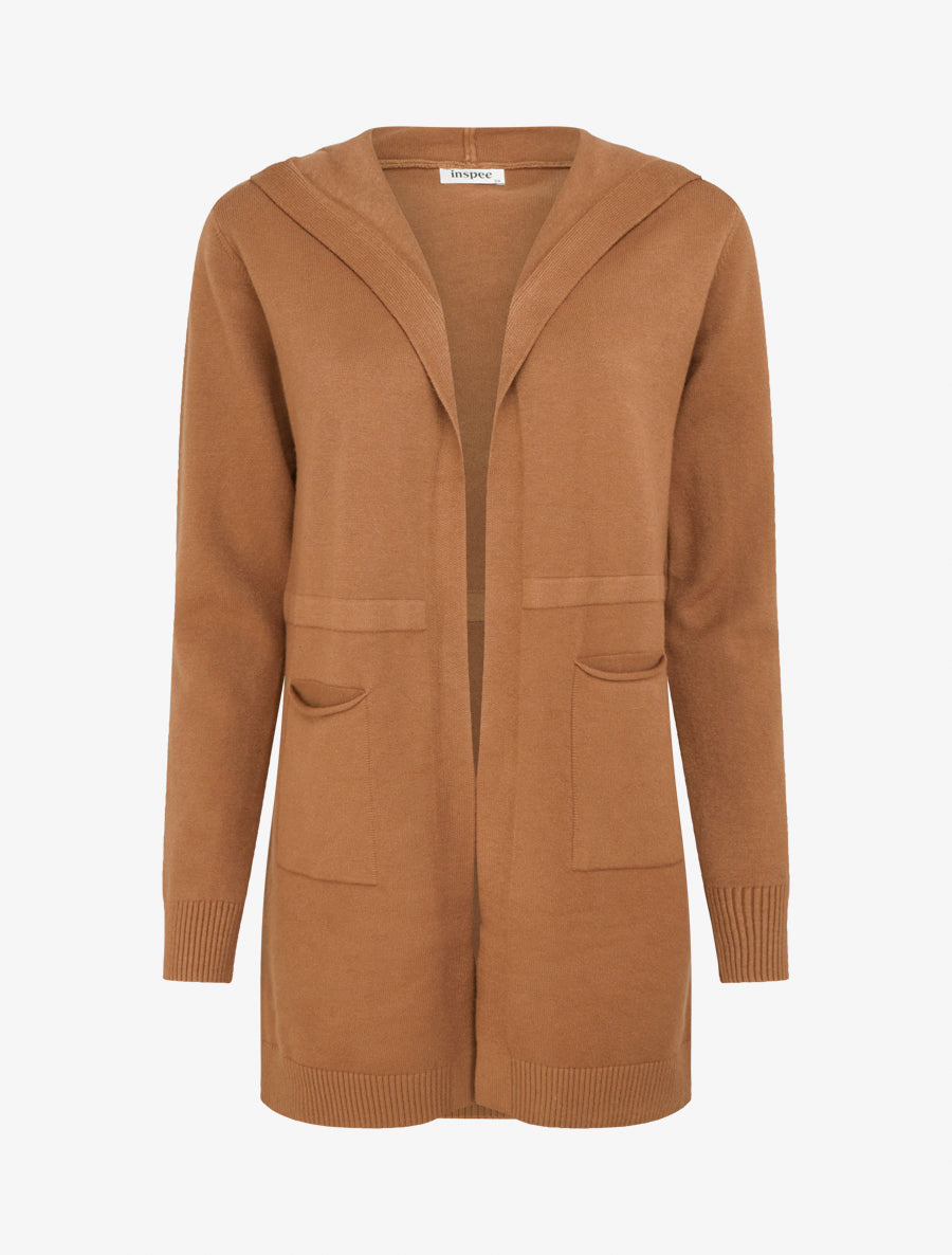 Gilet long uni à capuche - Camel - 1